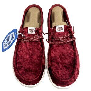 Hey Dude Wendy Crushed Velvet Burgundy Slip On Flat Sneaker Shoes Size 9 NWT